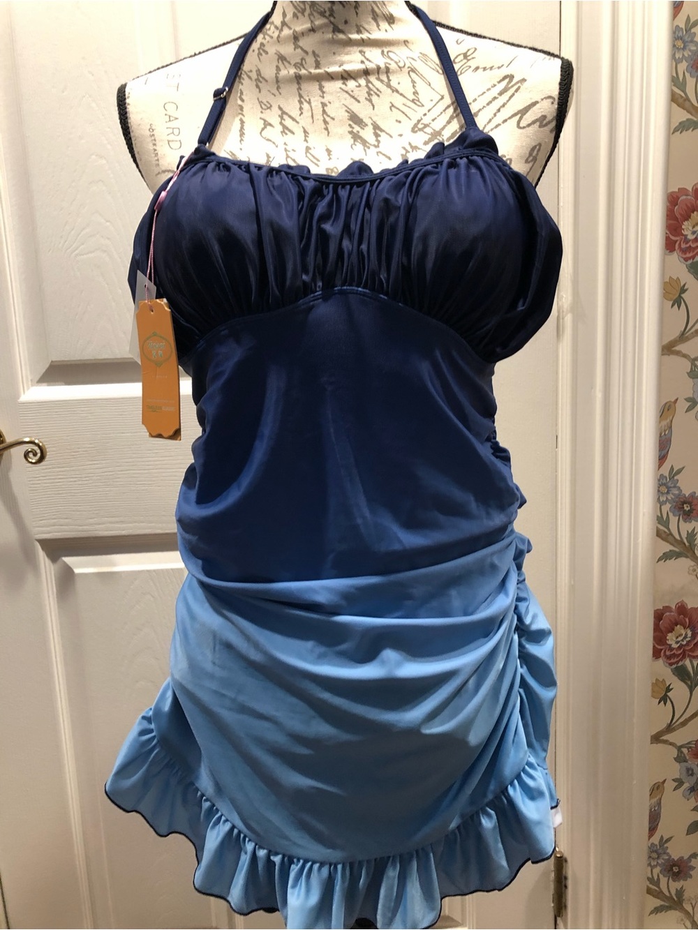 Kiahai Navy and Light Blue Ombré Halter Swimdress NWT